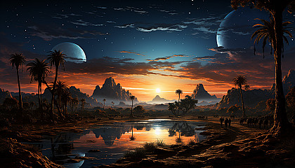 Desert oasis at twilight, with a tranquil pond, palm trees, a caravan of camels, and a star-filled sky above.