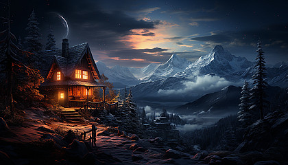 Cozy mountain cabin in winter, surrounded by snow-covered pines, smoke rising from the chimney, and a starry night sky.