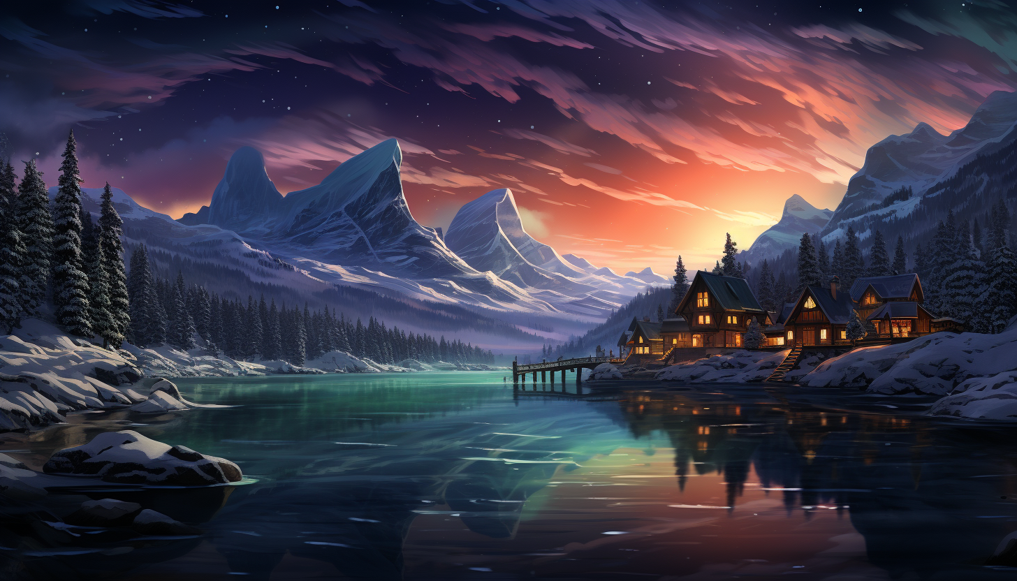 Northern lights over a Scandinavian village, cozy wooden cabins, a frozen lake, pine trees covered in snow, and a clear starry night.