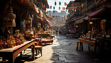 Vibrant Indian bazaar, filled with colorful fabrics, spices, jewelry, bustling crowds, and ornate architecture.