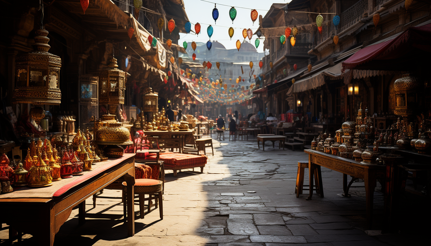 Vibrant Indian bazaar, filled with colorful fabrics, spices, jewelry, bustling crowds, and ornate architecture.
