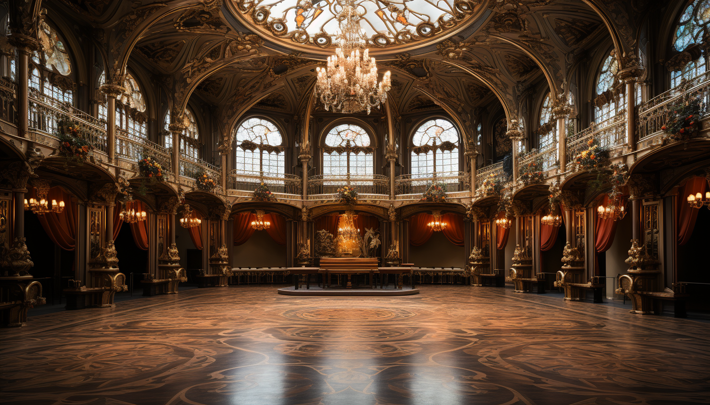 Lavish Renaissance ballroom, with opulent chandeliers, elegantly dressed dancers, and intricate tapestries adorning the walls.