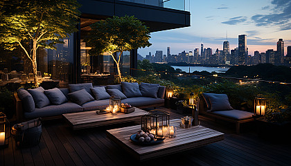 Rooftop garden in a modern city at dusk, with twinkling fairy lights, a variety of plants, comfortable seating, and a skyline view.