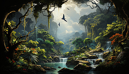 Lush rainforest canopy viewed from above, with a hidden waterfall, exotic birds in flight, and rays of sunlight piercing through.