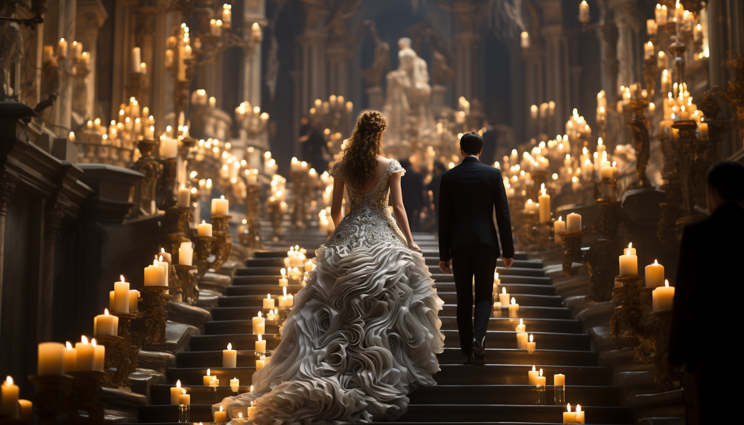 Lavish masquerade ball in a grand palace, with elegantly dressed guests, ornate masks, and a grand staircase.