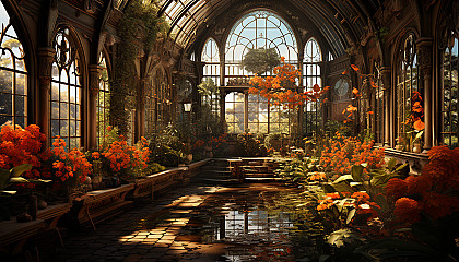 Victorian greenhouse filled with exotic plants, blooming flowers, a small fountain, and intricate ironwork, bathed in warm sunlight.