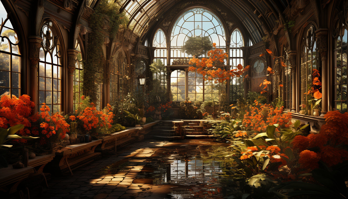 Victorian greenhouse filled with exotic plants, blooming flowers, a small fountain, and intricate ironwork, bathed in warm sunlight.