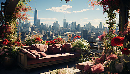 Lush rooftop garden in a modern city, with an array of flowers, herbs, comfortable seating, and skyscrapers in the background.