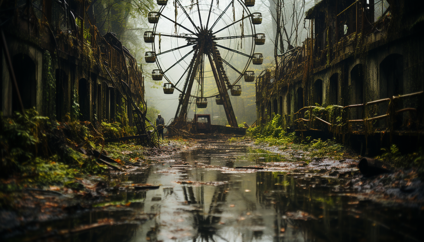 Abandoned amusement park overgrown with nature, rusty roller coasters, a Ferris wheel, and a hauntingly beautiful atmosphere.