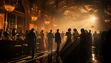 Luxurious 1920s Gatsby-style ballroom, with elegant dancers, an opulent chandelier, art deco decorations, and a live jazz band.