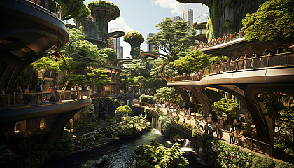 Futuristic urban park with interactive digital installations, lush greenery, people relaxing, and skyscrapers all around.