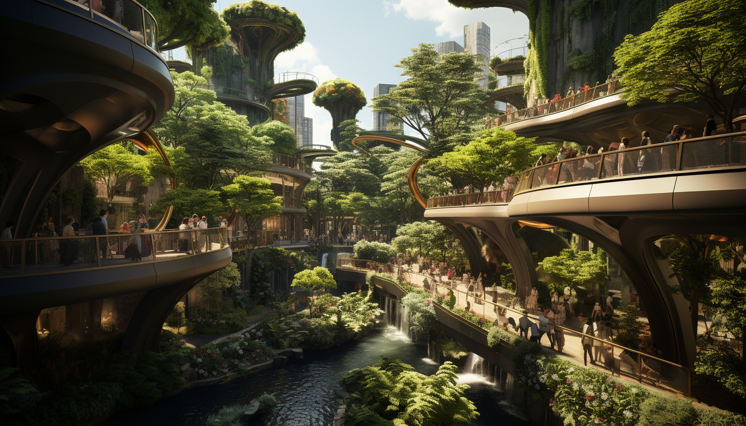 Futuristic urban park with interactive digital installations, lush greenery, people relaxing, and skyscrapers all around.