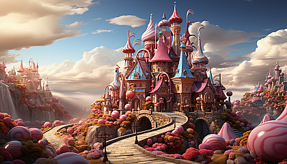 A whimsical candy land with rivers of chocolate, gingerbread houses, candy cane trees, and a rainbow in the sky.