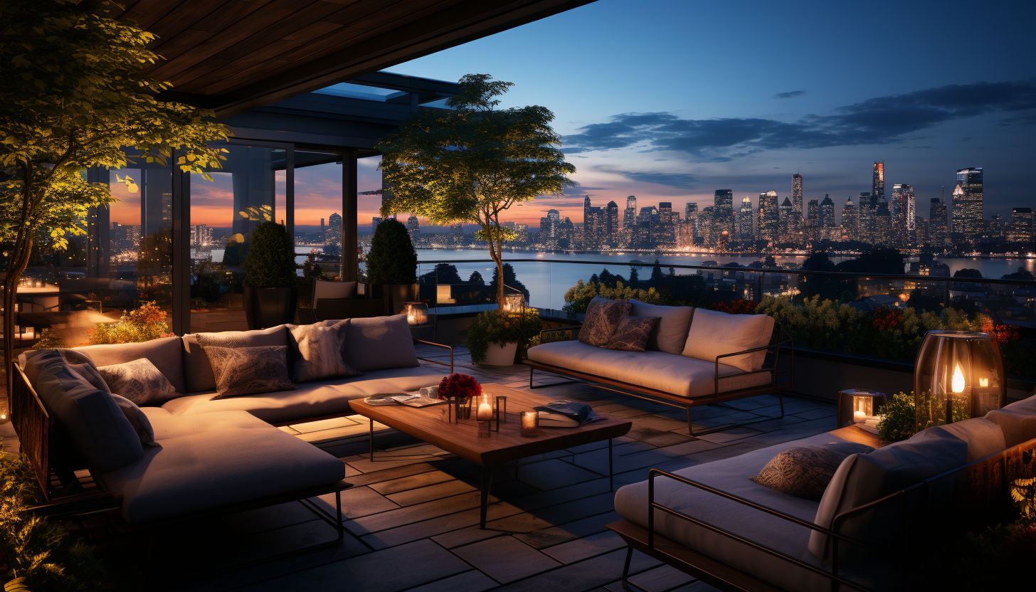 Modern urban rooftop garden, with lush greenery, comfortable lounge areas, panoramic city skyline, and string lights at dusk.