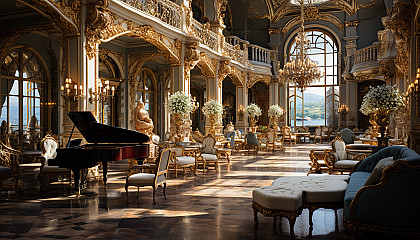 Grand ballroom in a Baroque palace, opulent chandeliers, ornate gold and marble decor, large mirrors, and a grand piano.