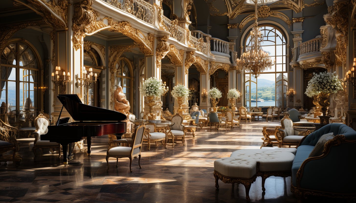 Grand ballroom in a Baroque palace, opulent chandeliers, ornate gold and marble decor, large mirrors, and a grand piano.