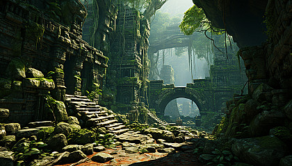 Abandoned ancient temple in a dense jungle, overrun by vines, with sunlight filtering through the canopy and hidden treasures inside.