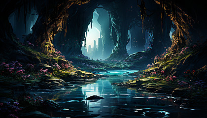 Mystical cavern illuminated by bioluminescent plants and crystals, with a clear underground lake and hidden passages.
