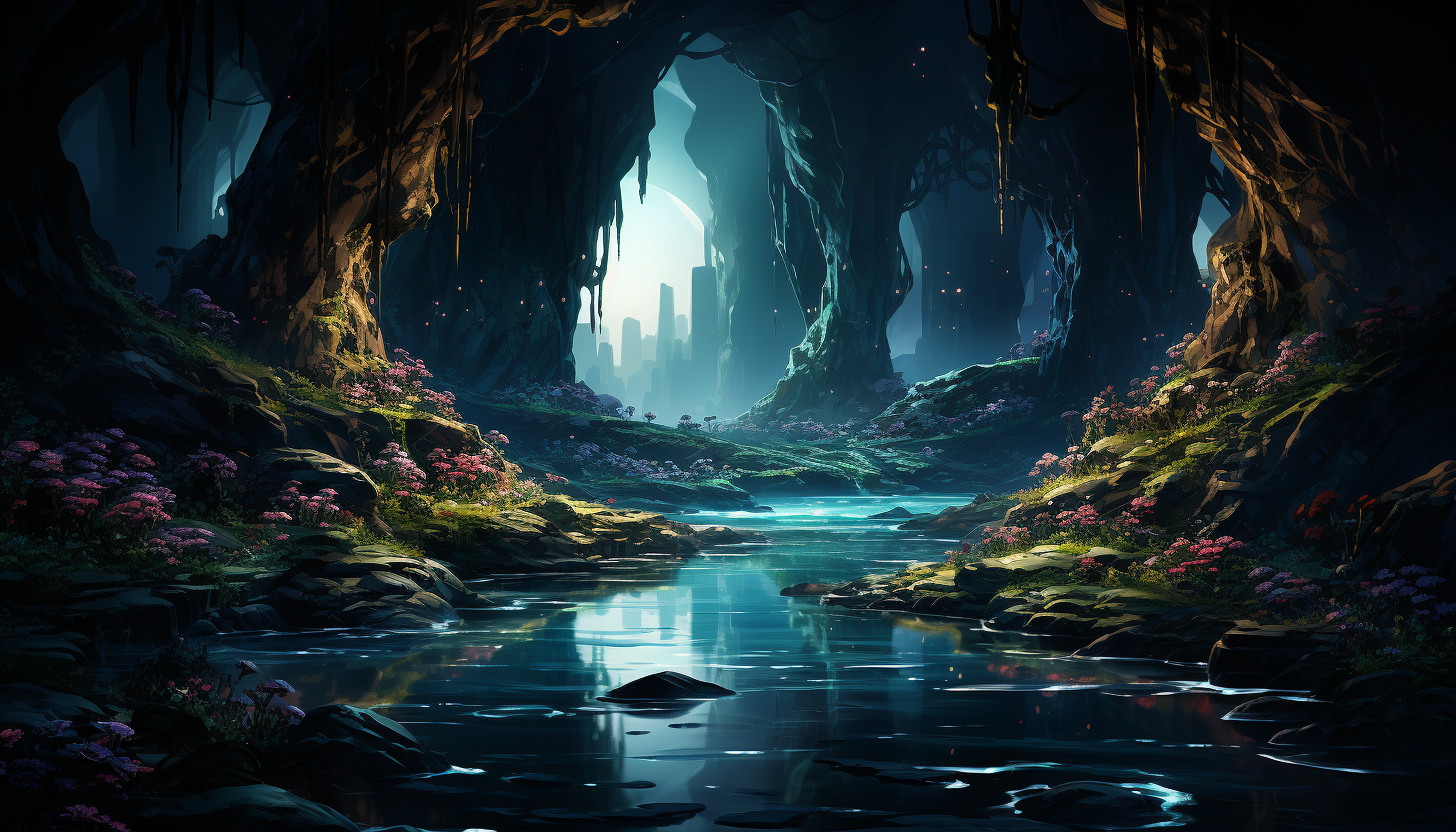 Mystical cavern illuminated by bioluminescent plants and crystals, with a clear underground lake and hidden passages.