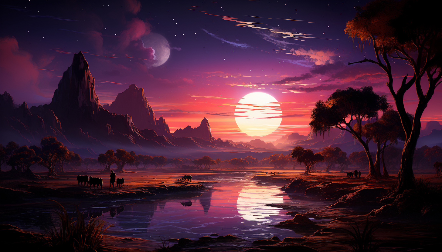 Desert oasis at twilight, with a tranquil pond, palm trees, a caravan of camels, and a star-filled sky above.