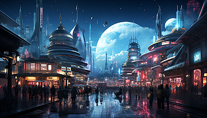 Futuristic cyberpunk street scene, neon-lit skyscrapers, bustling night market, holographic signs, and diverse cybernetic characters.