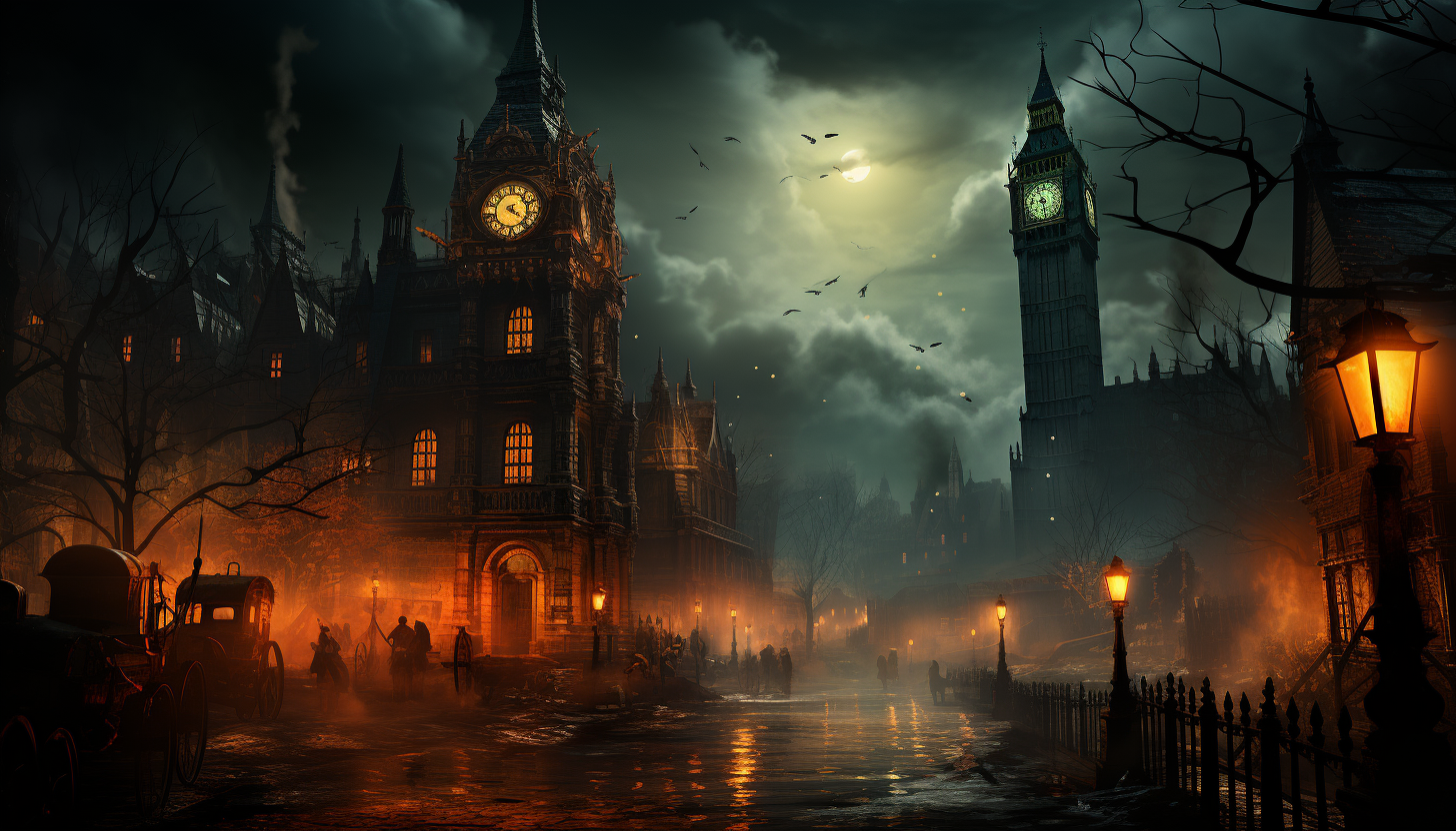 Victorian London street on a foggy night, with gas lamps, horse-drawn carriages, top-hatted pedestrians, and the silhouette of Big Ben.