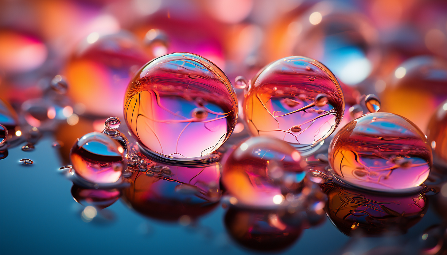 Close-up of iridescent bubbles reflecting a spectrum of colors against a bright background.