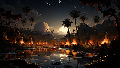 Desert oasis at night, with a star-filled sky, Bedouin tents, a serene pool of water, and camels resting by palm trees.