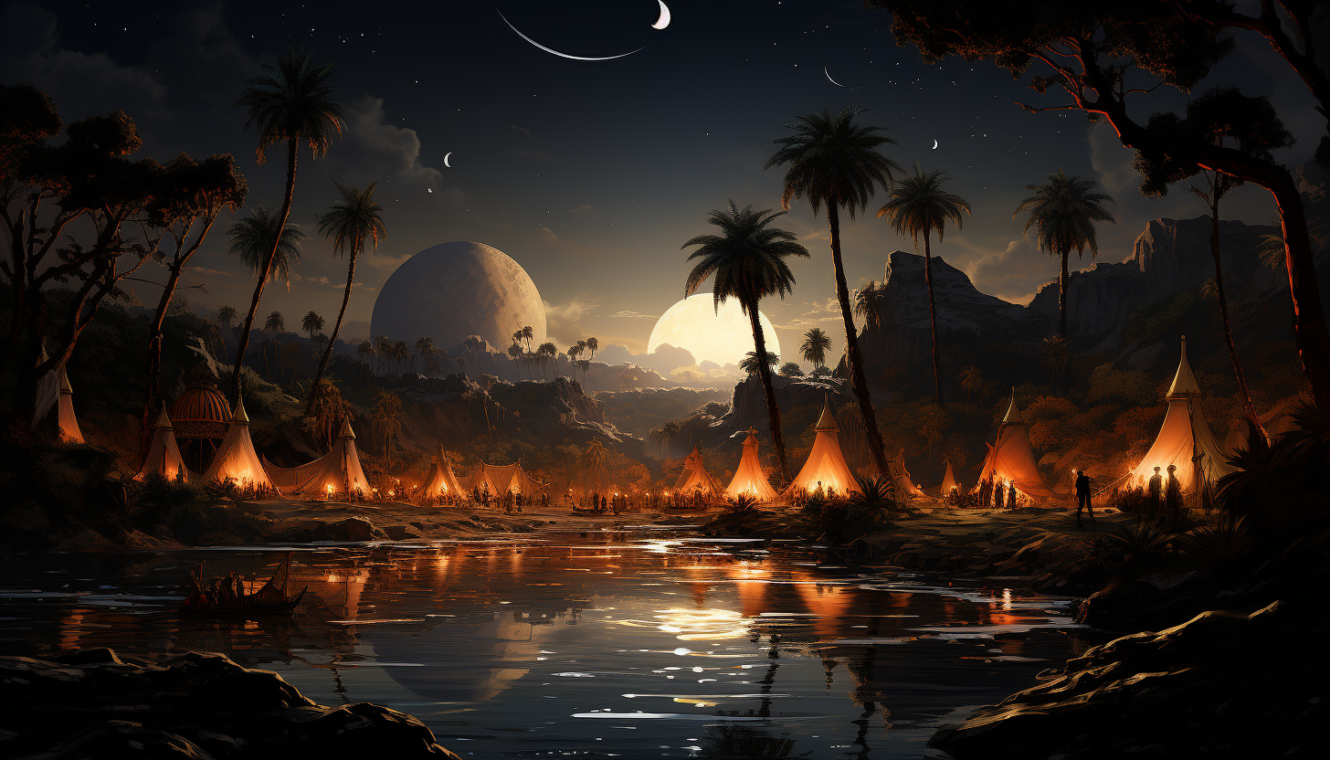 Desert oasis at night, with a star-filled sky, Bedouin tents, a serene pool of water, and camels resting by palm trees.