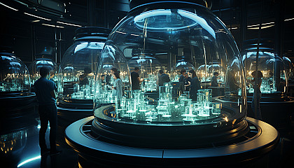 High-tech laboratory in a futuristic setting, holographic displays, scientists at work, and advanced experimental equipment.