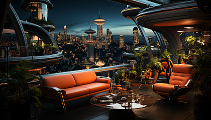 Futuristic urban rooftop garden at night, with neon-lit planters, sleek furniture, a skyline view, and a high-tech greenhouse.