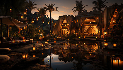 Desert oasis at twilight, with palm trees, a tranquil pond, nomadic tents, and camels resting under a starry sky.