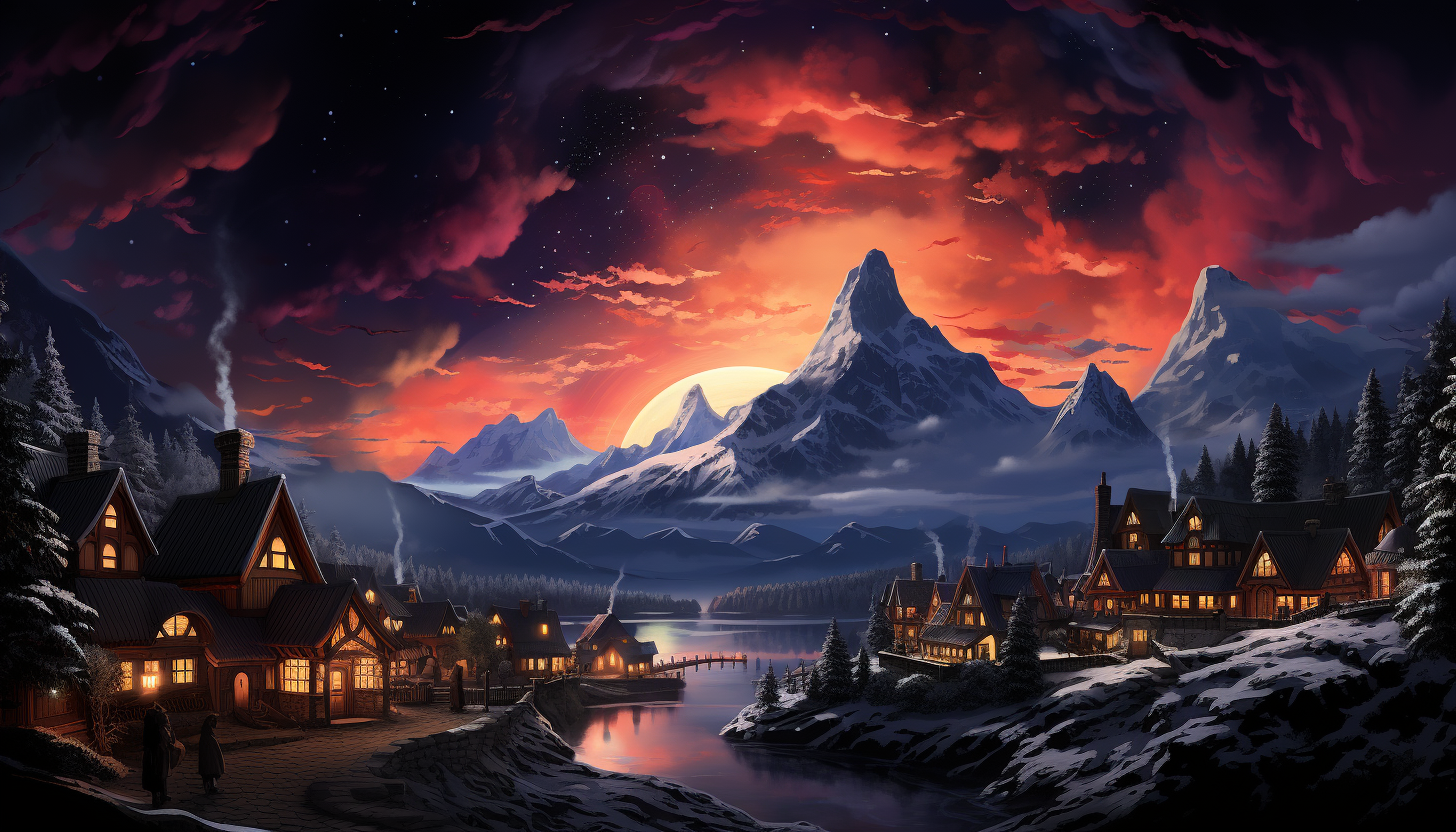 A traditional Scandinavian village in winter, snow-covered cottages, northern lights in the sky, and villagers gathered around a bonfire.