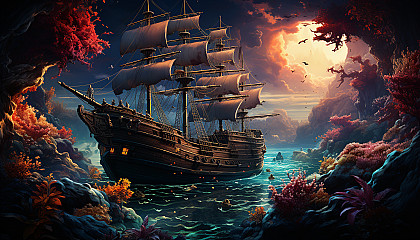 Undersea adventure with a sunken pirate ship, colorful coral gardens, schools of tropical fish, and a treasure chest emitting a mysterious glow.