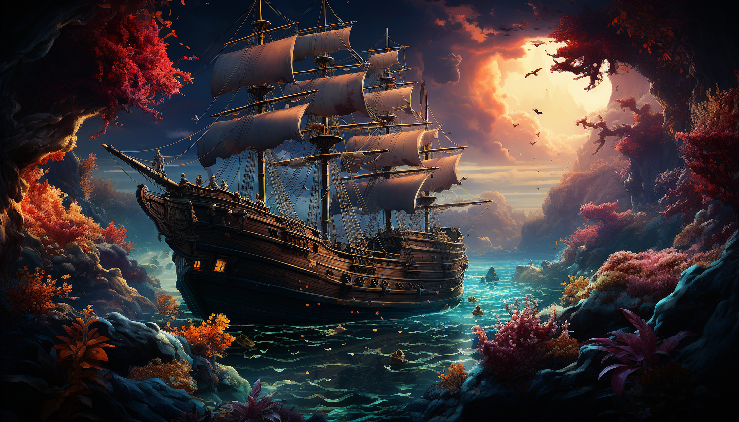 Undersea adventure with a sunken pirate ship, colorful coral gardens, schools of tropical fish, and a treasure chest emitting a mysterious glow.