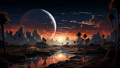 Surreal desert landscape at night, with giant moon, sand dunes, an oasis with palm trees, and a caravan of camels under the stars.