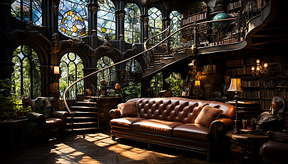 Grand library with towering bookshelves, spiral staircases, antique globes, and sunlight filtering through stained glass windows.