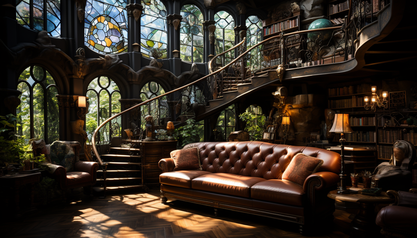 Grand library with towering bookshelves, spiral staircases, antique globes, and sunlight filtering through stained glass windows.