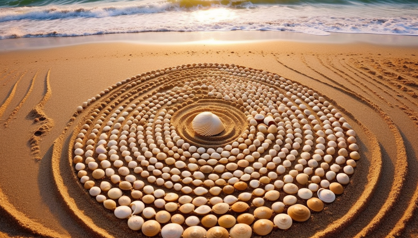 A spiral pattern of seashells on a sandy beach.