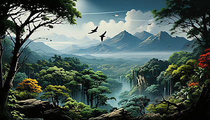 Lush rainforest canopy viewed from above, with a hidden waterfall, exotic birds in flight, and a faint rainbow in the mist.