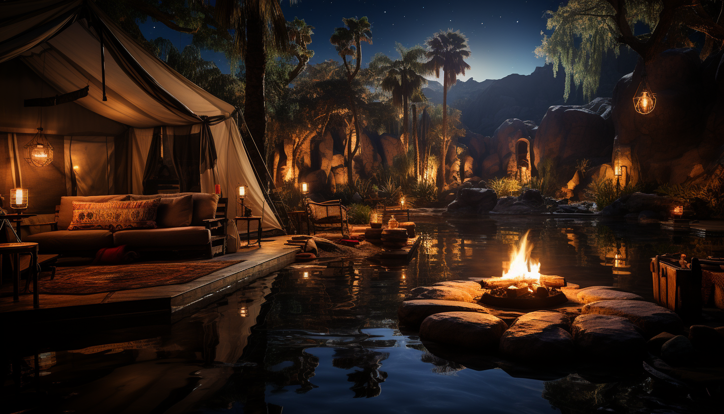 Desert oasis at night, with a star-filled sky, a tranquil pond, palm trees, and a Bedouin tent with a campfire.