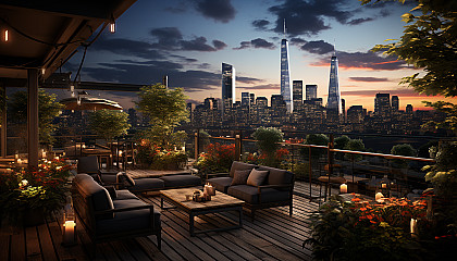 Rooftop garden in a modern city, with an array of green plants, comfortable seating, urban skyline, and soft, twinkling lights.