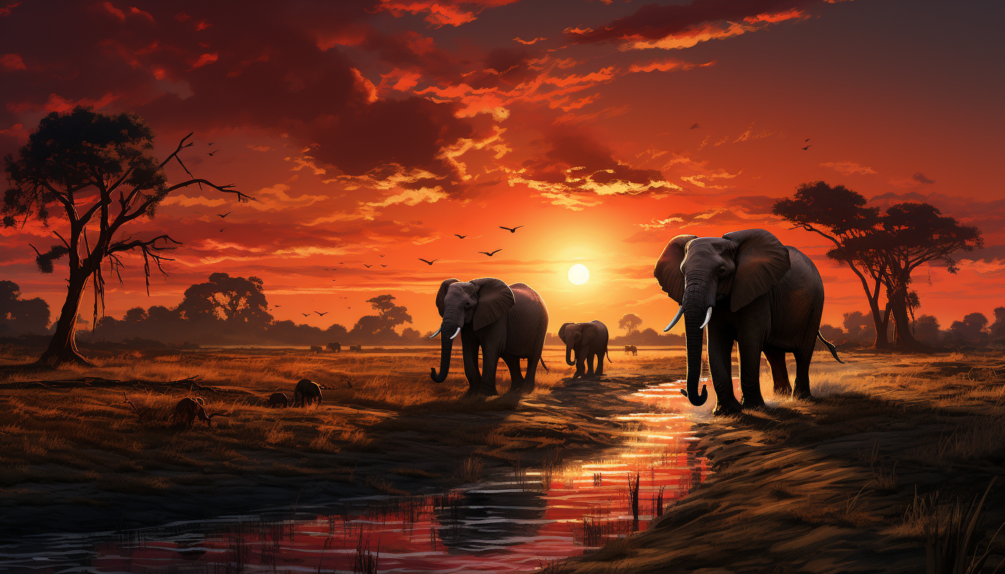 Sunset in an African savanna, with silhouettes of acacia trees, a group of elephants, and a vibrant, orange-hued sky.