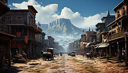 Old Western town at high noon, with a dusty main street, saloon, horse-drawn carriages, and cowboys having a standoff.