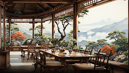 Traditional Chinese tea house, with intricate wooden architecture, tranquil gardens, tea masters performing ceremonies, and distant mountains.