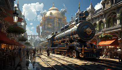 Victorian-era train station, with steam engines, elegantly dressed travelers, ornate ironwork, and a grand clock tower.