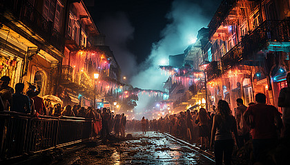 Vibrant carnival in Rio de Janeiro, with samba dancers, elaborate floats, and crowds of people celebrating under fireworks.