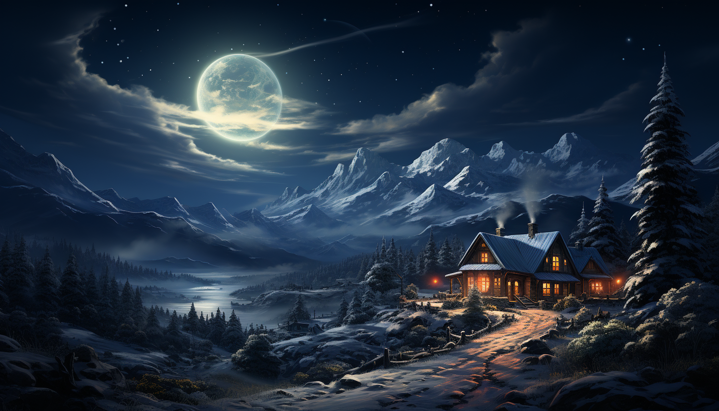 Cozy mountain cabin in winter, surrounded by snow-covered pines, smoke rising from the chimney, and a starry night sky.