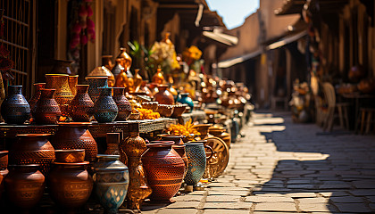 Traditional Moroccan market, colorful textiles, intricate lanterns, bustling crowds, and the aroma of spices and street food.