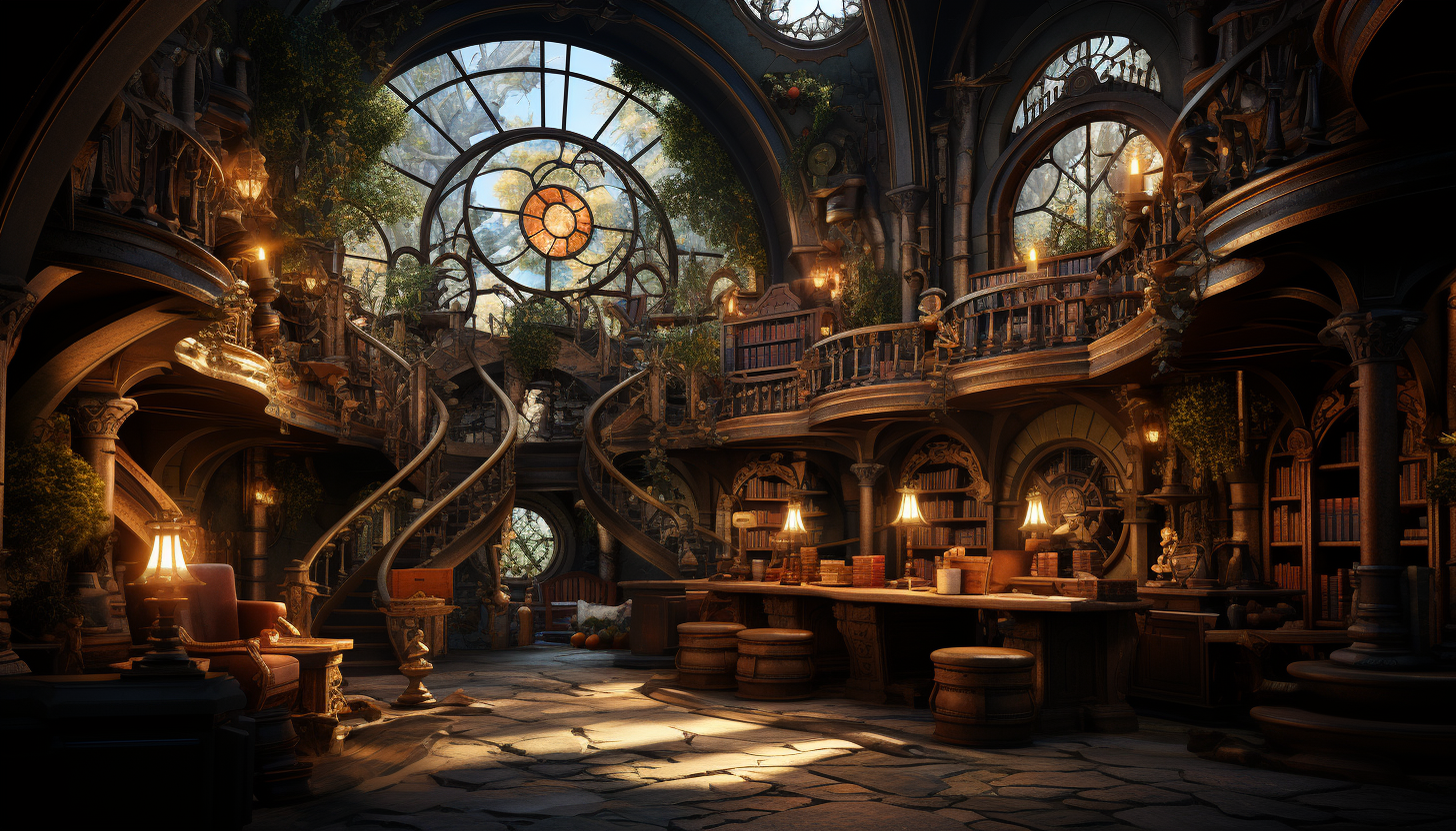 Ancient library with towering bookshelves, hidden alcoves, mystical artifacts, and a grand globe in the center under a skylight.